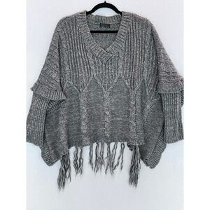 Anthropologie Gray Brown Knit V Neck Poncho Sweater Fringe Detail Women's